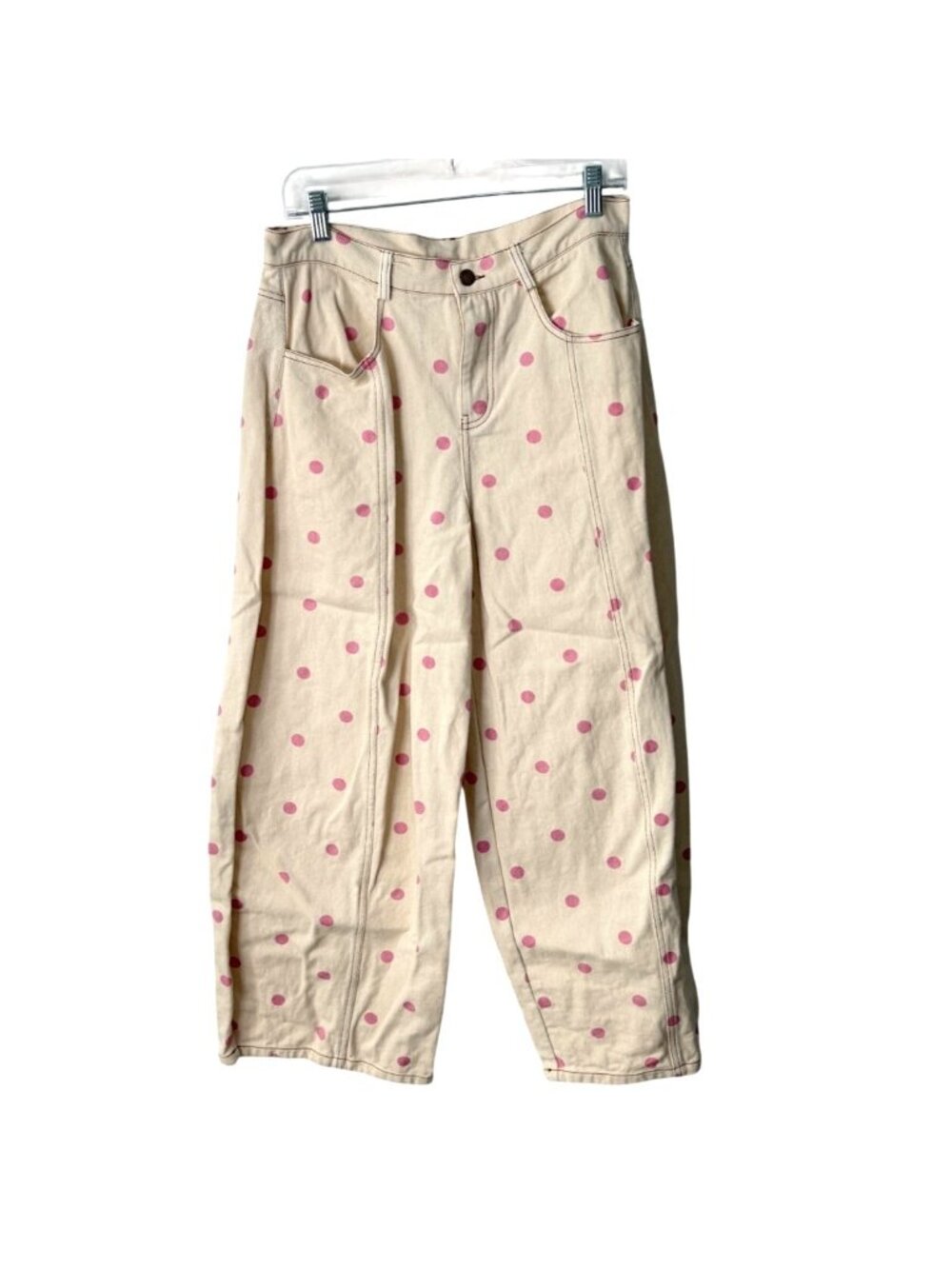 Peach Love California Women Size M Barrel-Leg Jean Polka Dot Wide-Leg Cream Pink